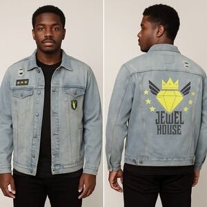 EUC Jewel House RARE Distressed Men’s Diamond Jean Jacket with patches Sz 2X